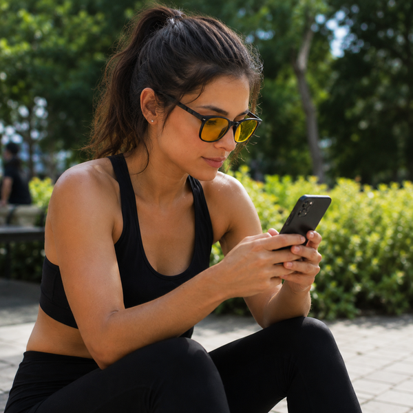 Mujer usando lentes GoldenDay de Ryva con filtro de luz azul